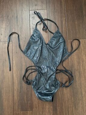 Midnight Ballerina Black Twinkle Sparkly Halter Tie Back Bodysuit Dance Rave